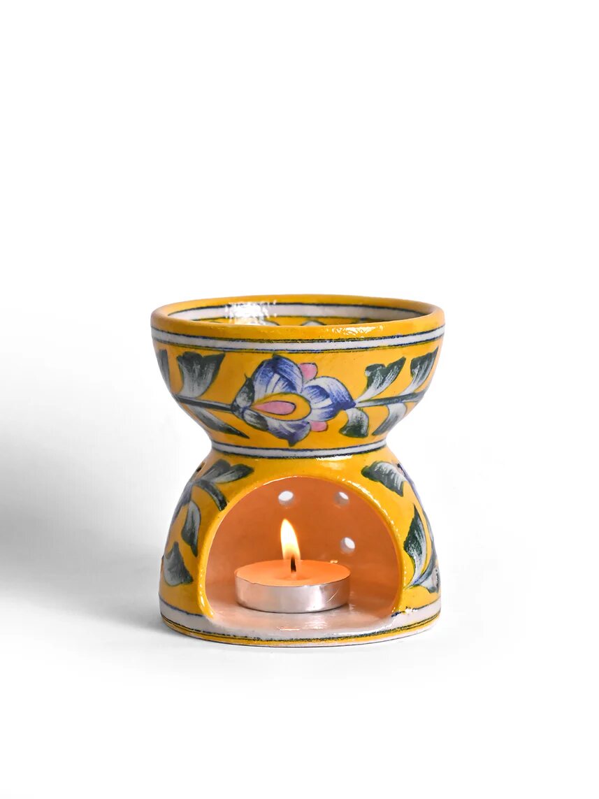 Yellow & Blue Floral Oil Burner — Jaipur Blue Pottery