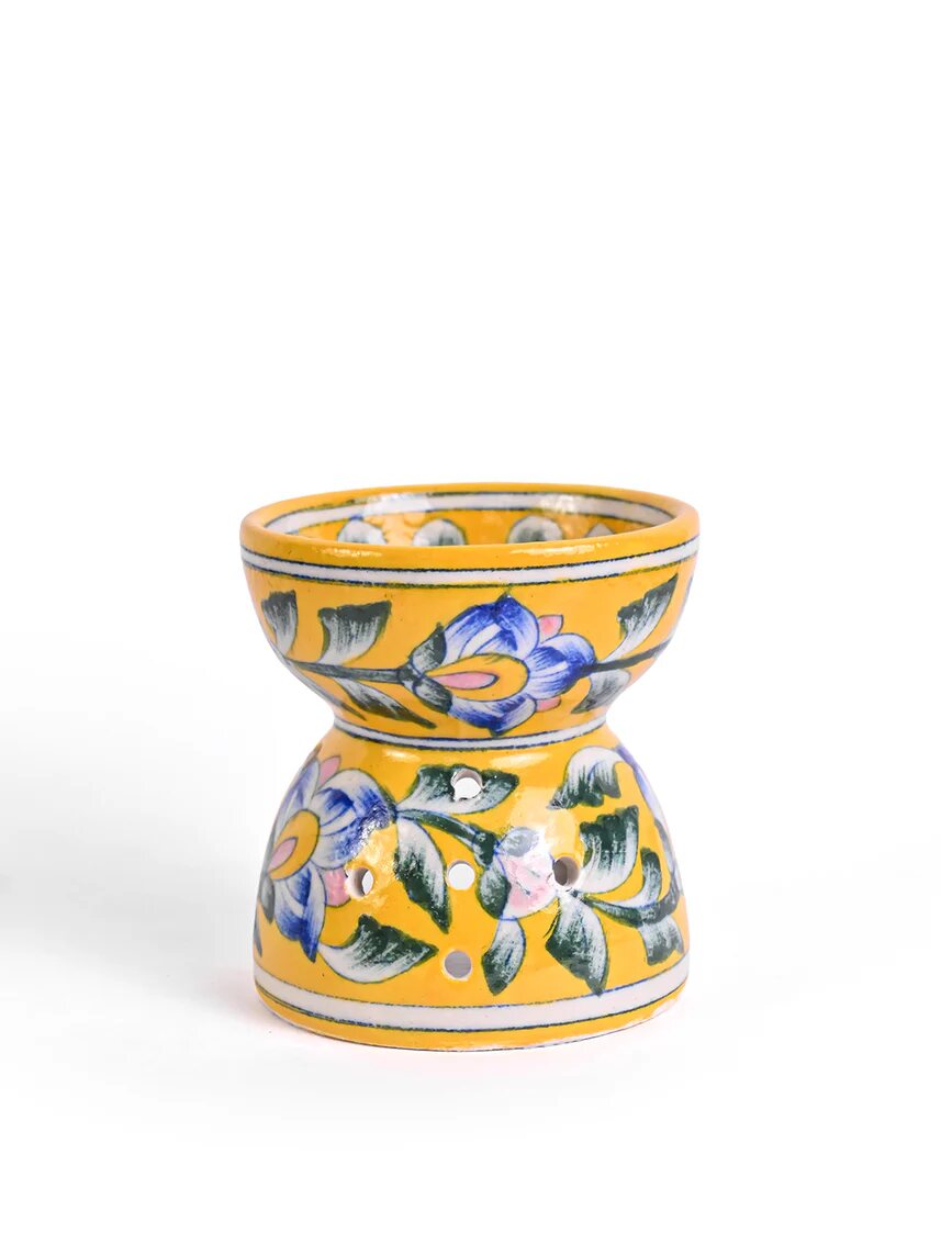 Yellow & Blue Floral Oil Burner — Jaipur Blue Pottery