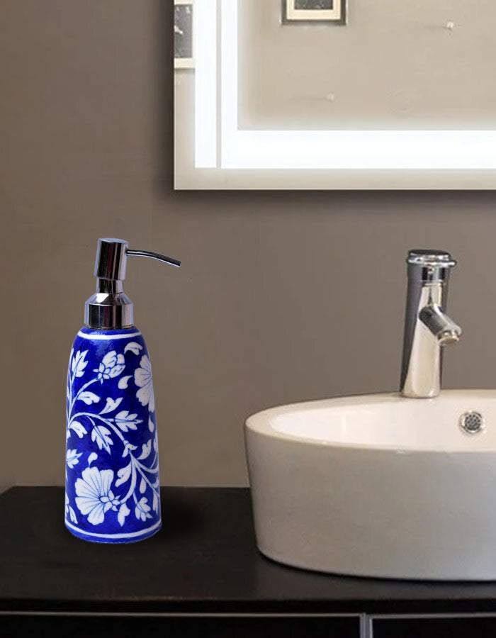 Cobalt blue hand-painted ceramic soap dispenser