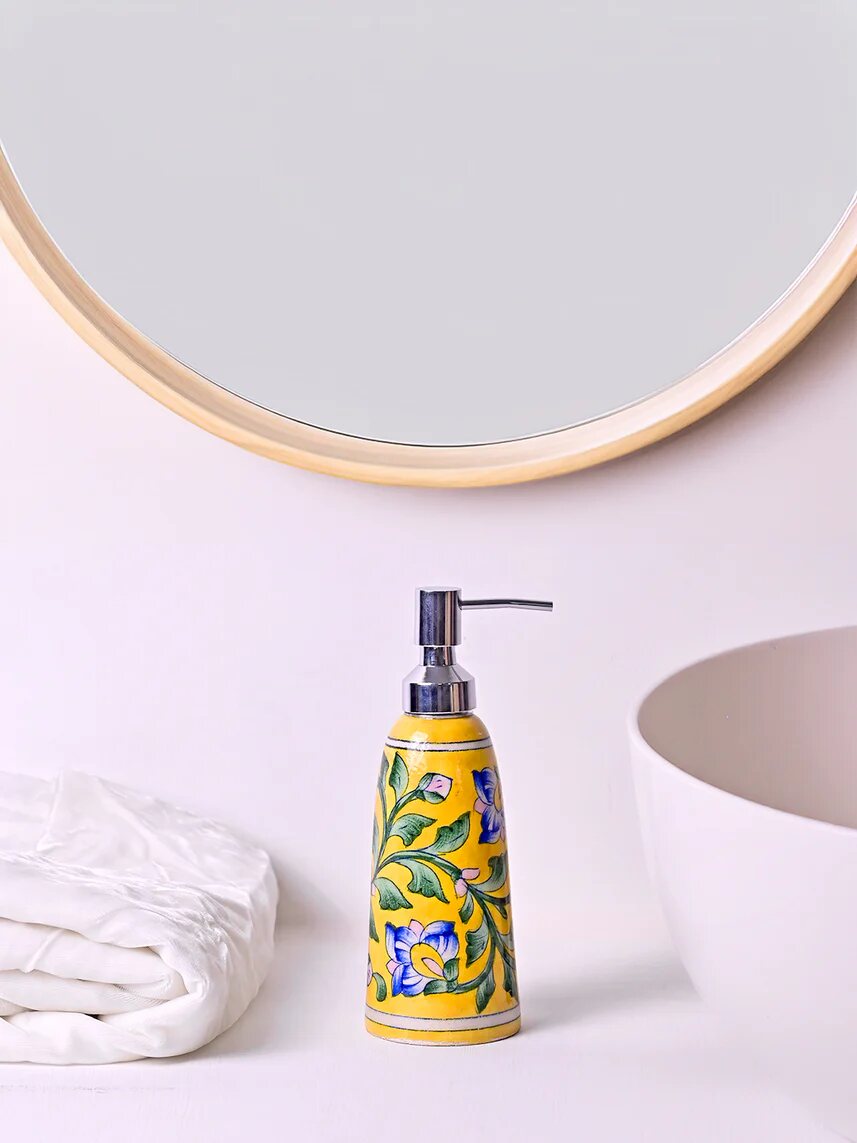 Yellow Floral Soap Dispenser — Jaipur Blue Pottery