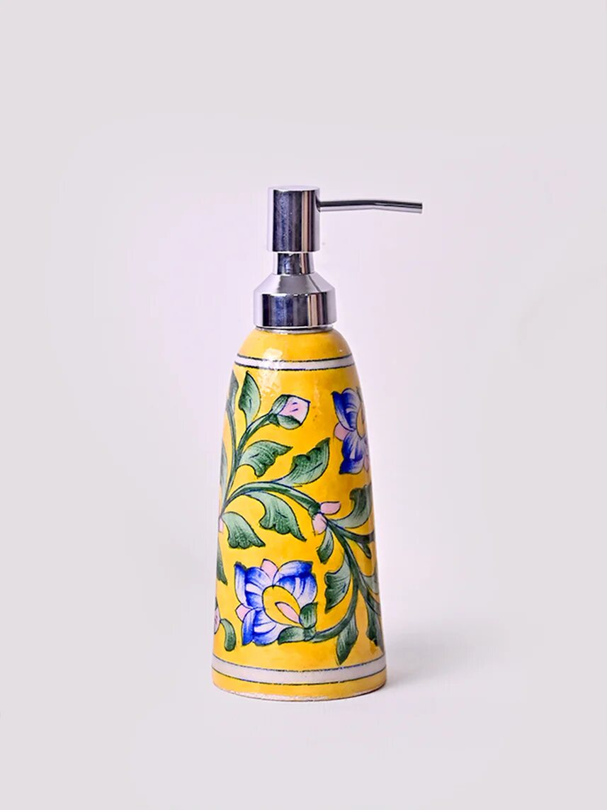 Yellow Floral Soap Dispenser — Jaipur Blue Pottery