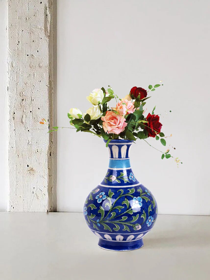 Cobalt floral Jaipur Blue Pottery surahi vase