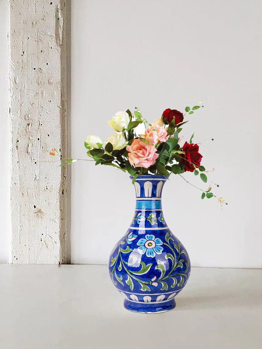 Blue & Green Floral Surahi — Jaipur Blue Pottery