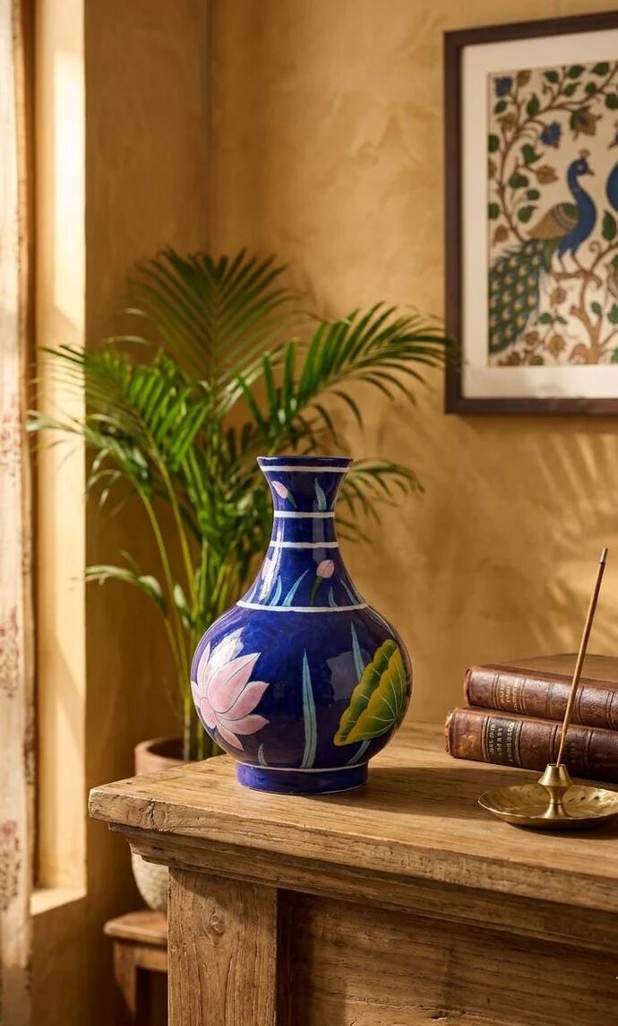 Green Botanical Surahi — Jaipur Blue Pottery