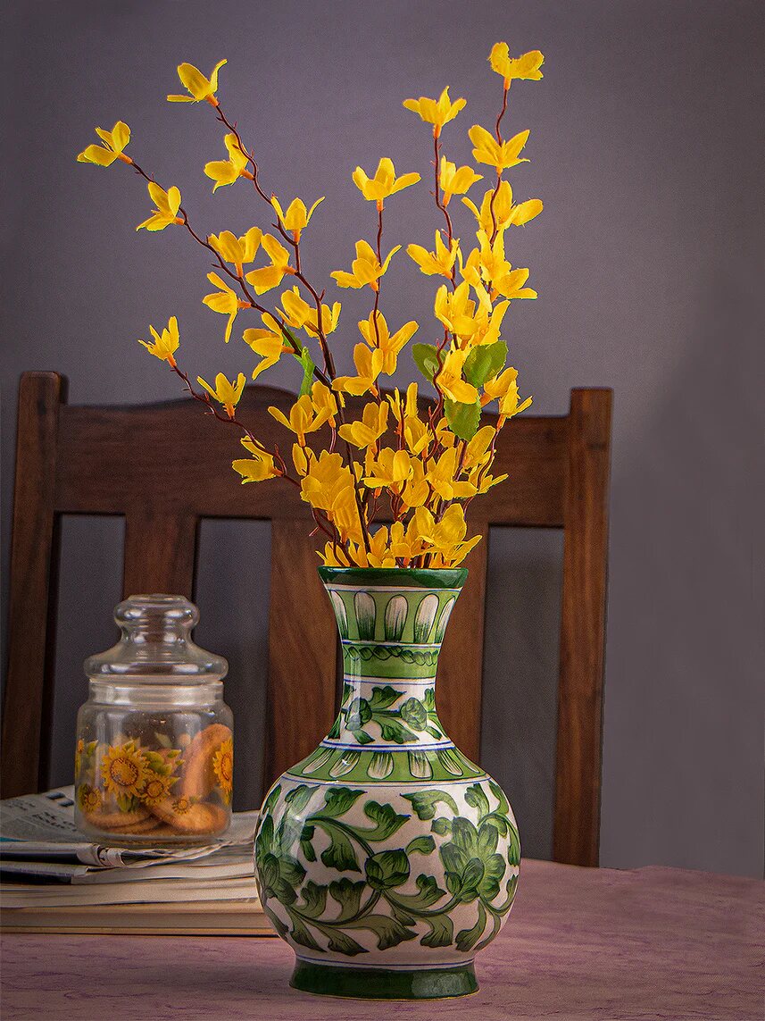 Green Botanical Surahi — Jaipur Blue Pottery