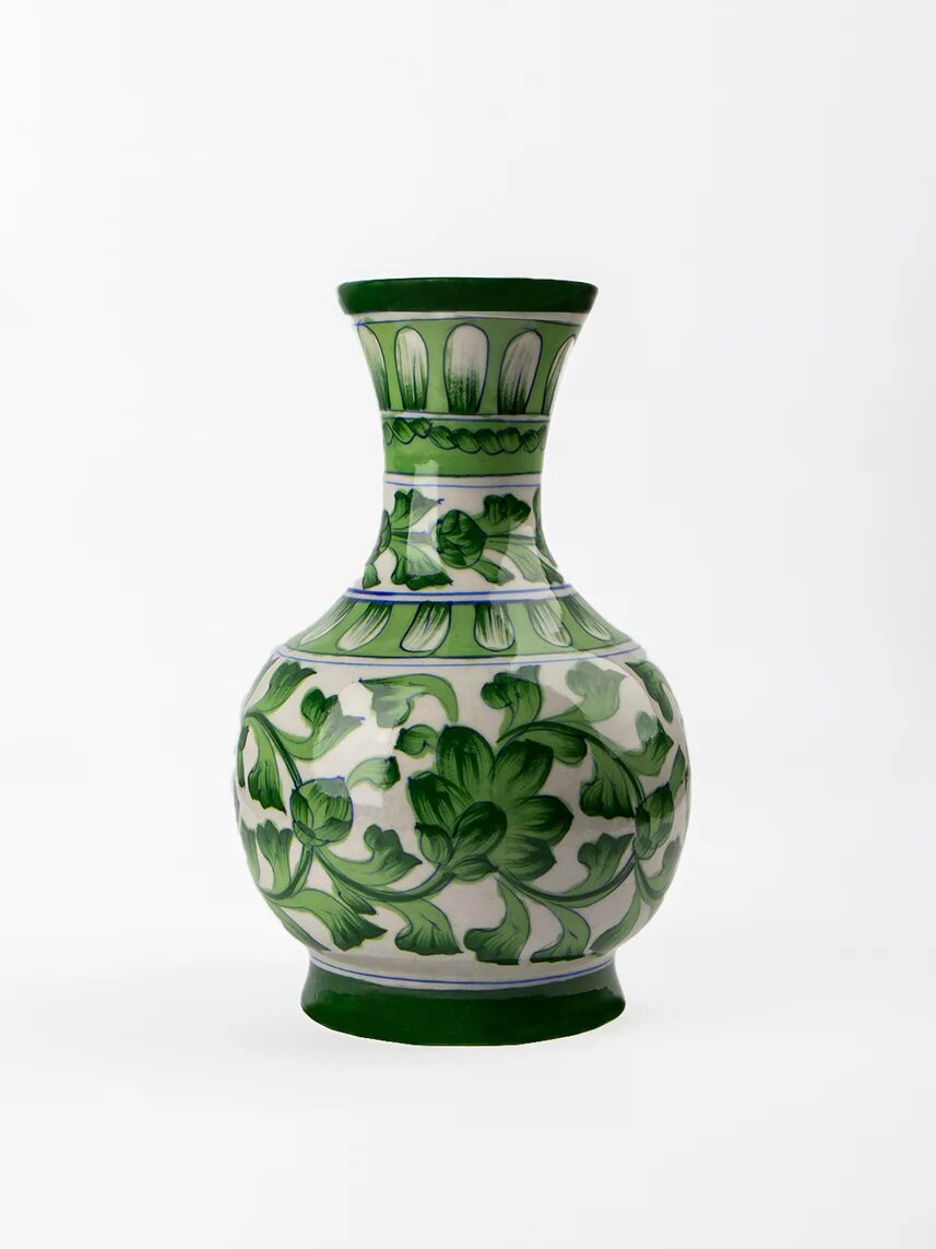 Green Botanical Surahi — Jaipur Blue Pottery