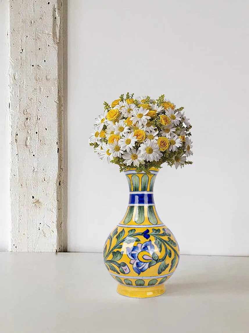 Yellow Floral Surahi — Jaipur Blue Pottery