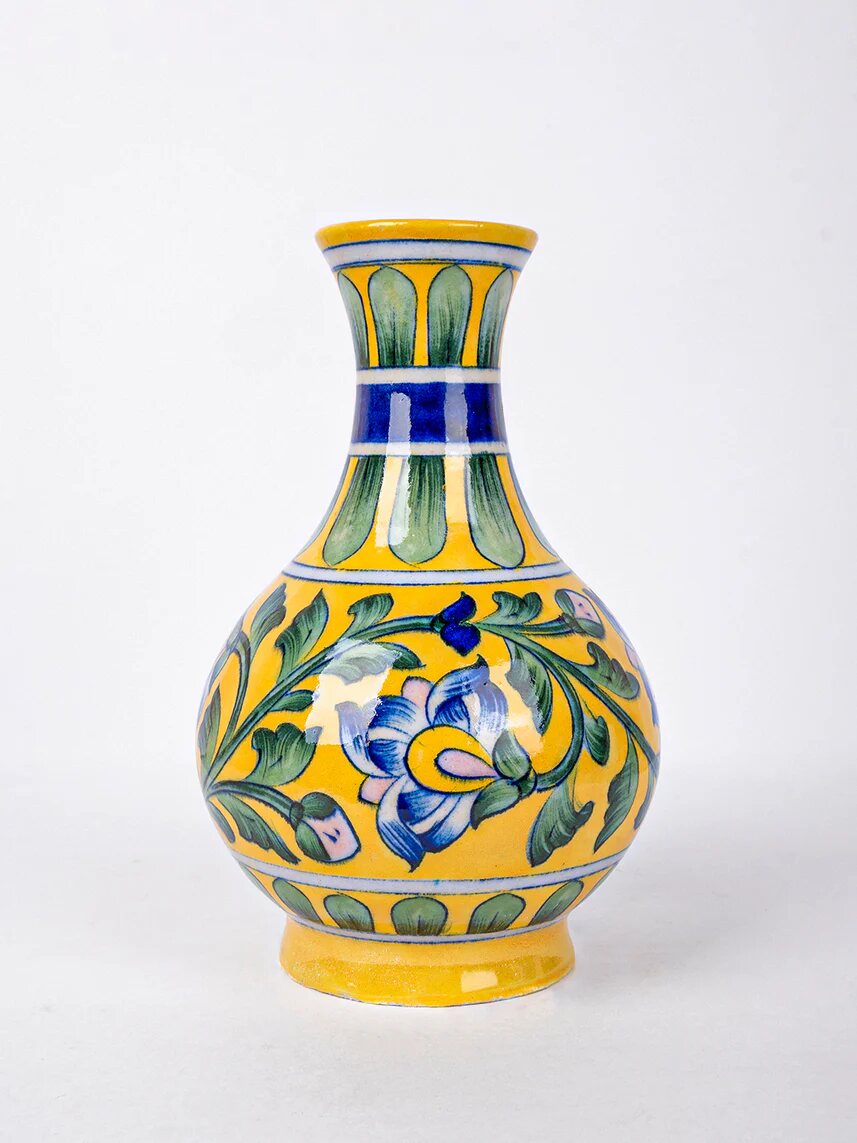 Yellow Floral Surahi — Jaipur Blue Pottery