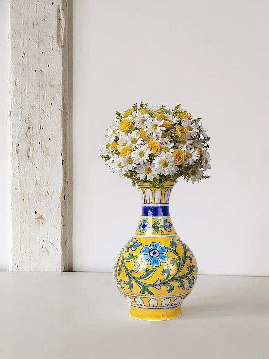 Yellow & White Floral Surahi — Jaipur Blue Pottery