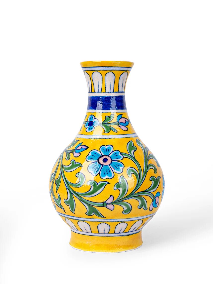 Yellow & White Floral Surahi — Jaipur Blue Pottery