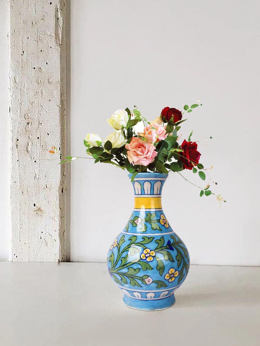 Turquoise Floral Surahi — Jaipur Blue Pottery