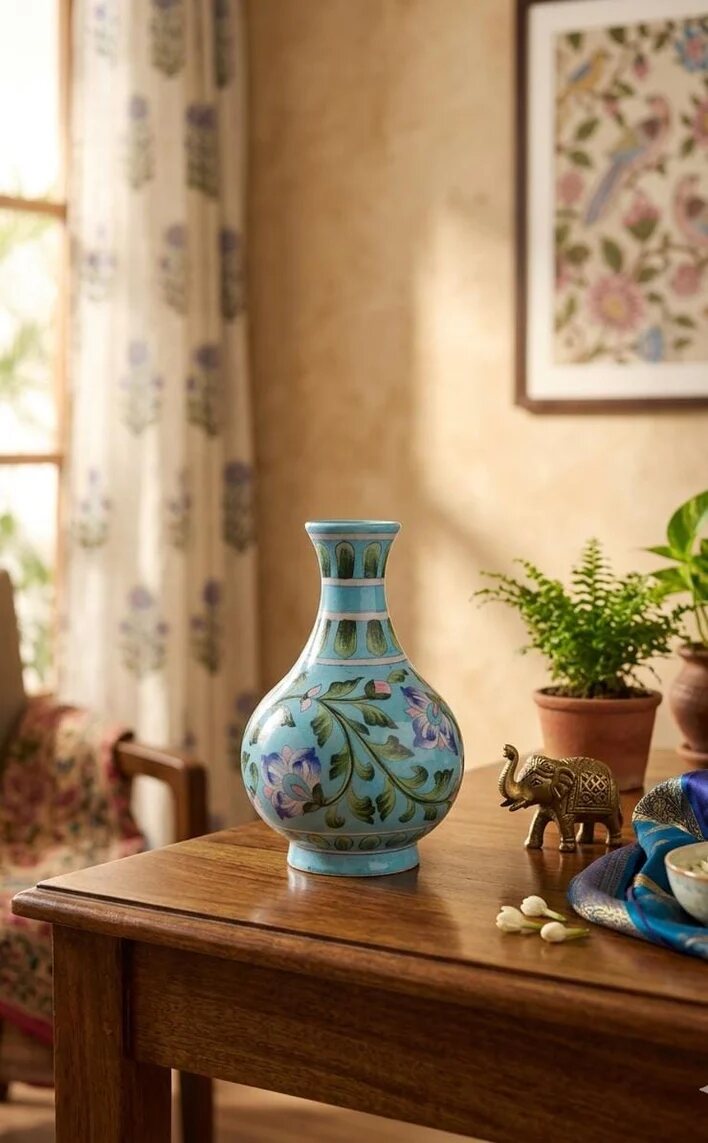 Turquoise Floral Surahi — Jaipur Blue Pottery