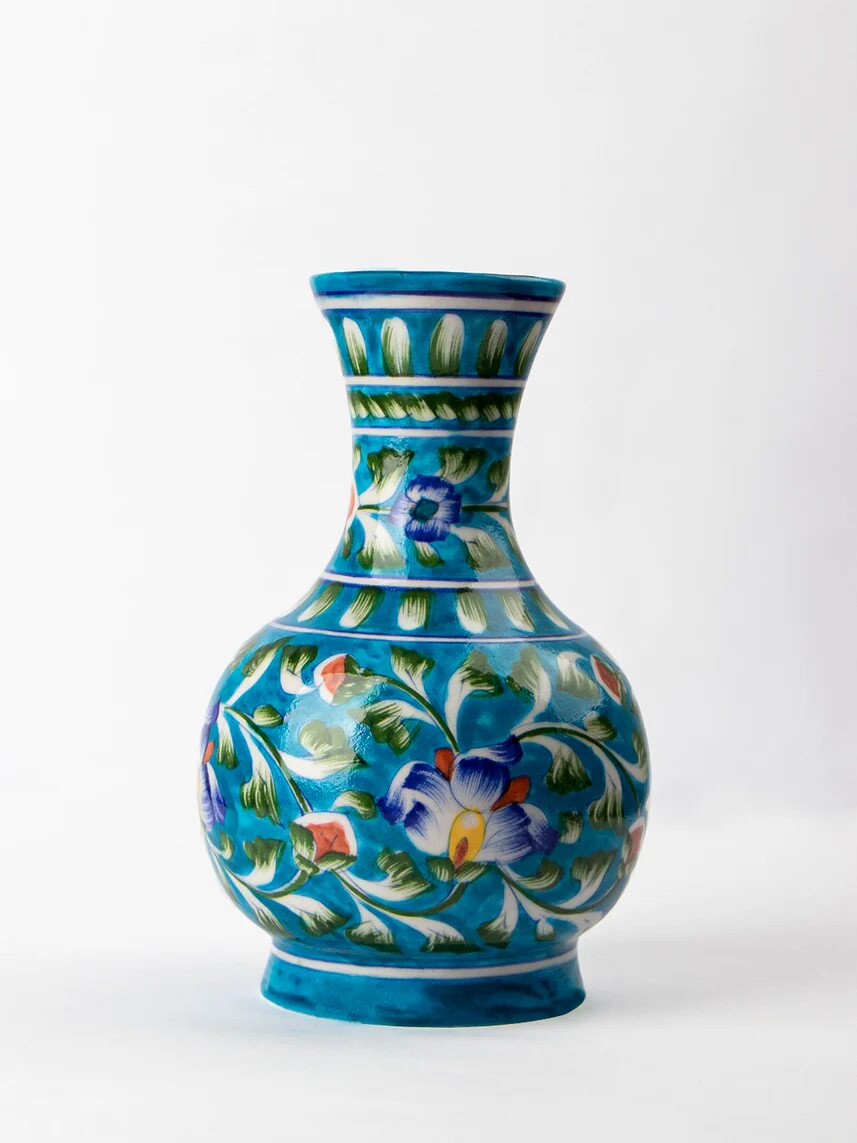 Turquoise Multicolour Surahi — Jaipur Blue Pottery