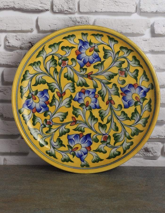 Yellow Floral Wall Plate — Jaipur Blue Pottery