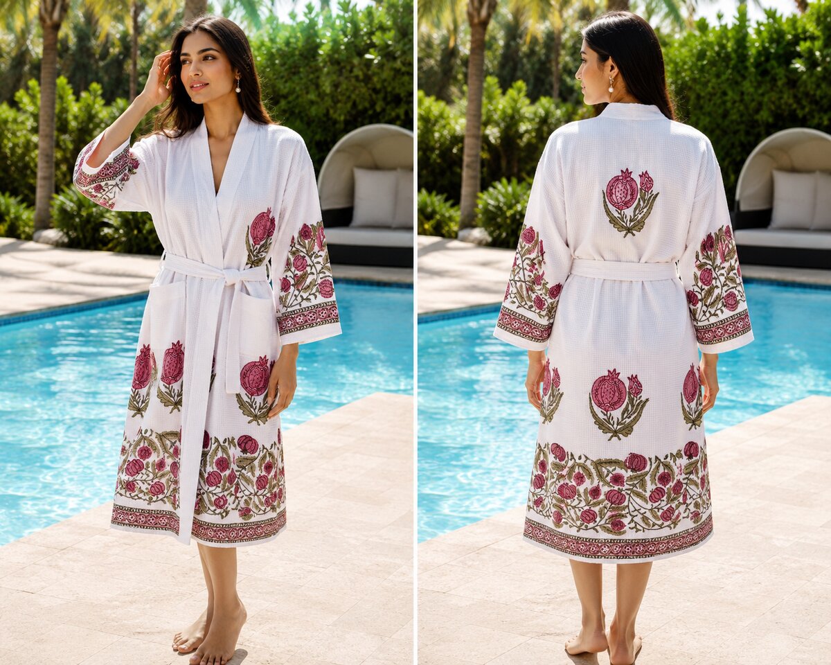 Handblock printed cotton waffle bathrobe