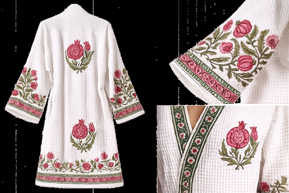 Jaipur Handblock Anar Boota Bathrobe | 100% Cotton Waffle  | 2 Pockets