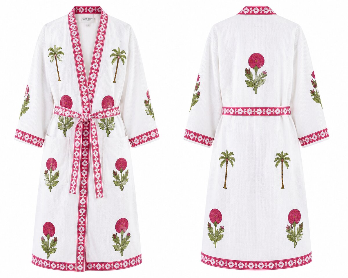 Jaipuri Handblock cotton Bathrobe | 100% Cotton Waffle  | 2 Pockets I Green Palm Pink