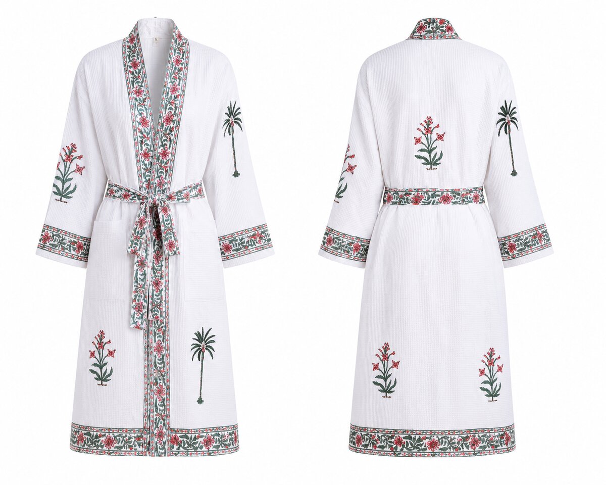 Jaipuri Handblock cotton Bathrobe | 100% Cotton Waffle  | 2 Pockets I Green Pink Leaf