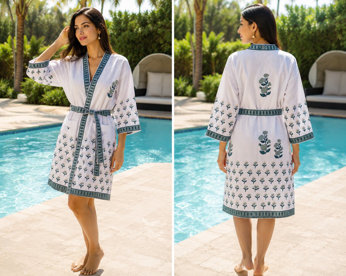 Jaipuri Handblock cotton Bathrobe | 100% Cotton Waffle  | 2 Pockets I Green Small Floral