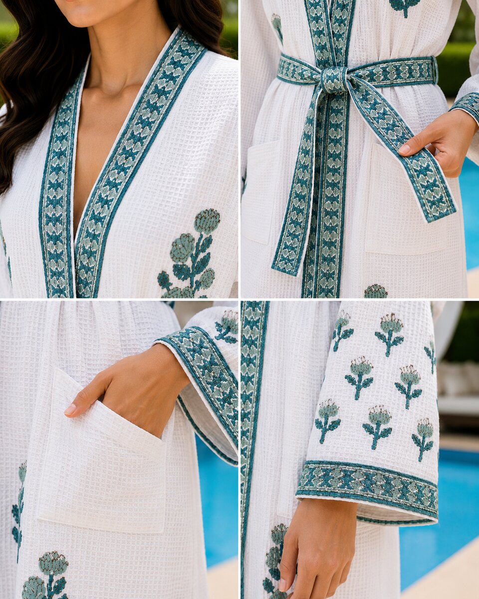 Jaipuri Handblock cotton Bathrobe | 100% Cotton Waffle  | 2 Pockets I Green Small Floral
