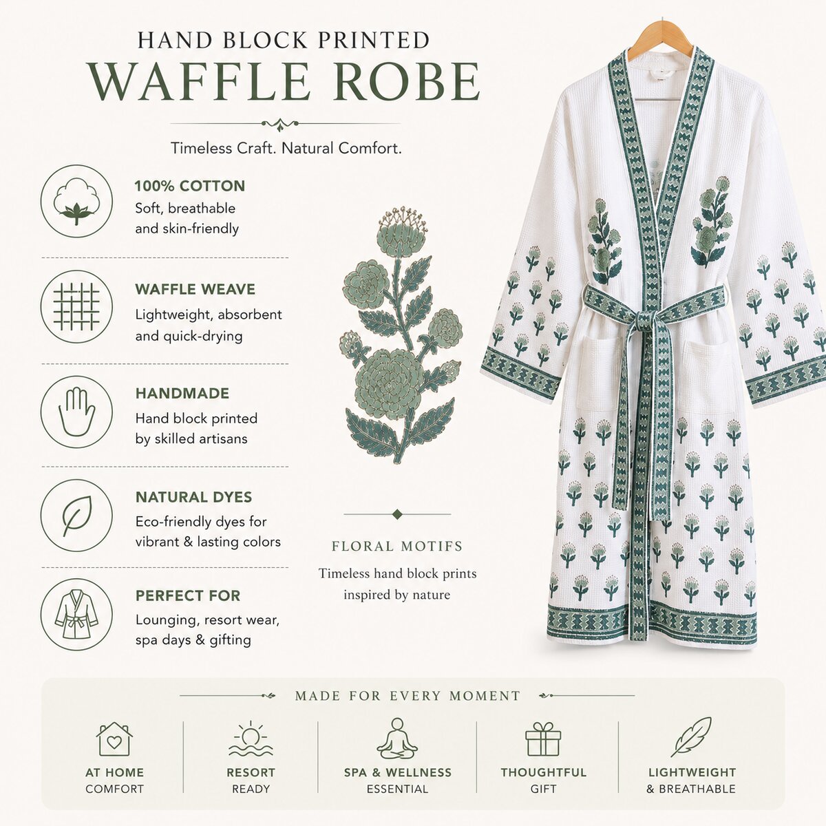 Jaipuri Handblock cotton Bathrobe | 100% Cotton Waffle  | 2 Pockets I Green Small Floral