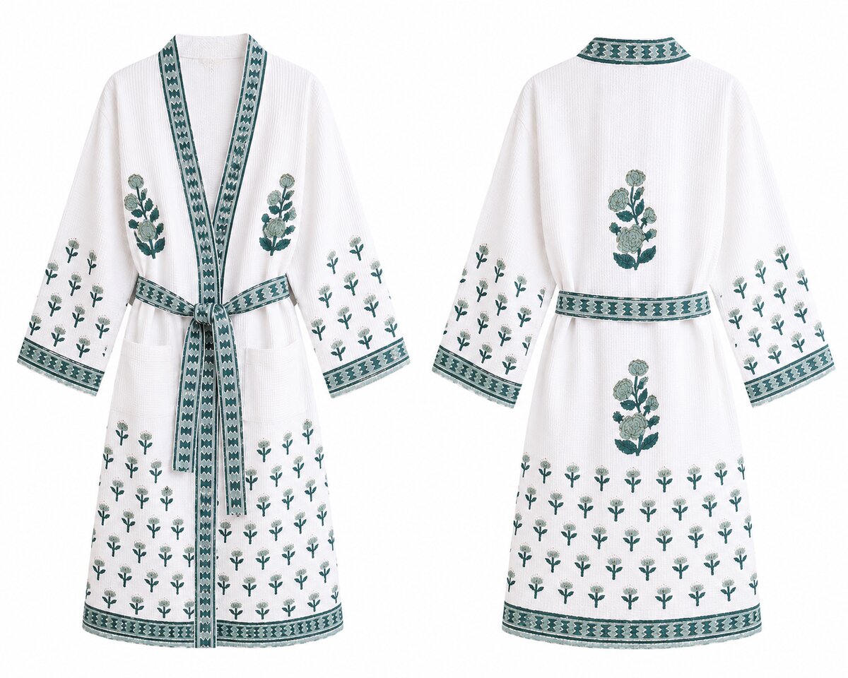 Jaipuri Handblock cotton Bathrobe | 100% Cotton Waffle  | 2 Pockets I Green Small Floral