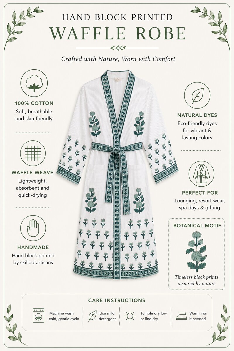 Jaipuri Handblock cotton Bathrobe | 100% Cotton Waffle  | 2 Pockets I Green Small Floral