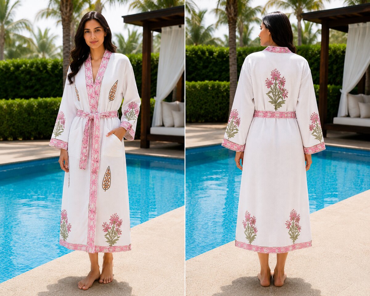 Jaipuri Handblock cotton Bathrobe | 100% Cotton Waffle  | 2 Pockets I Pink Boota Border