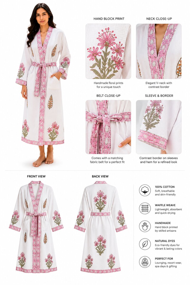 Jaipuri Handblock cotton Bathrobe | 100% Cotton Waffle  | 2 Pockets I Pink Boota Border