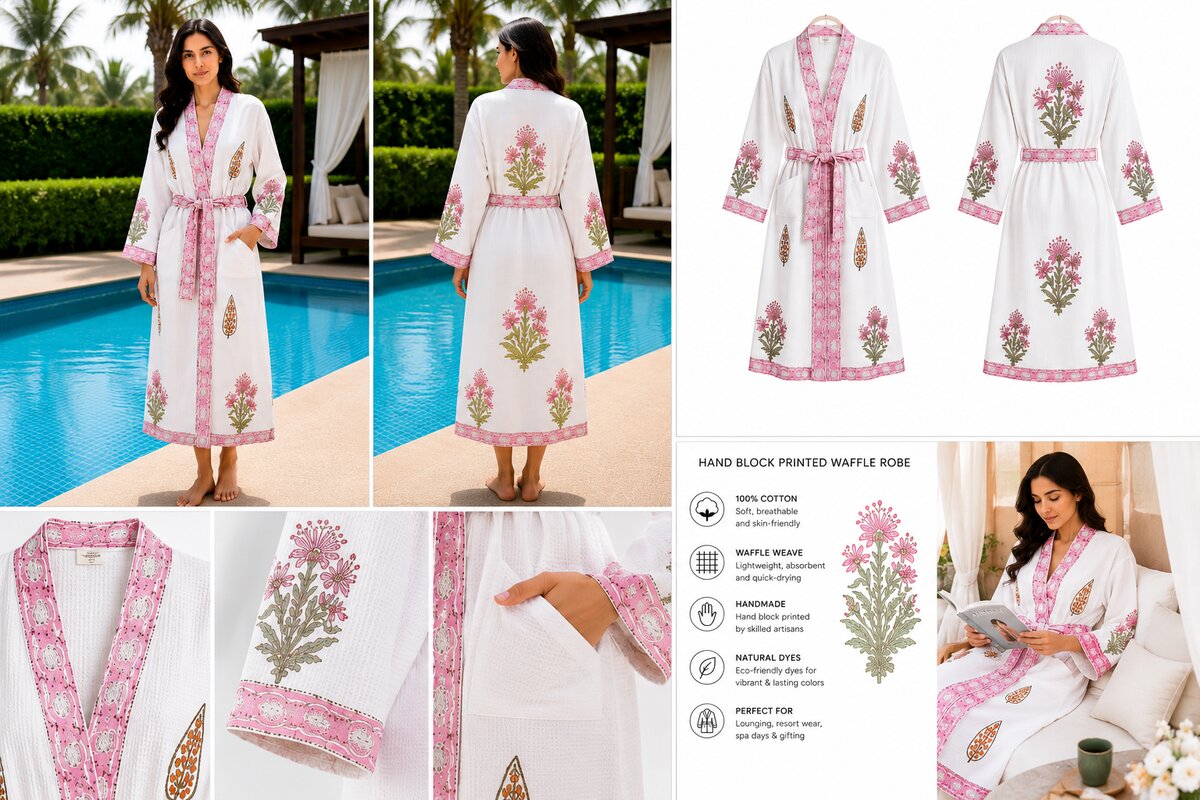 Jaipuri Handblock cotton Bathrobe | 100% Cotton Waffle  | 2 Pockets I Pink Boota Border