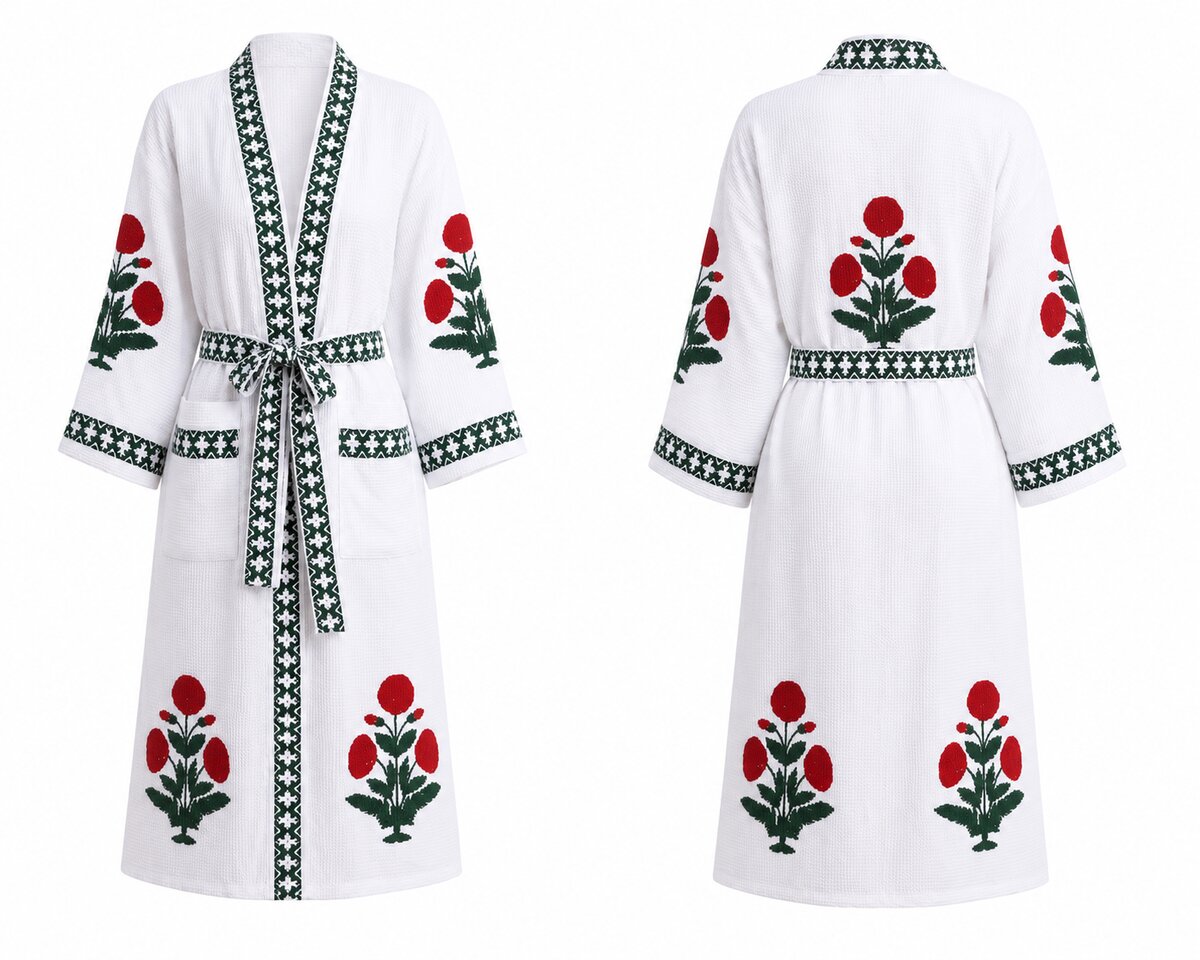 Jaipuri Handblock cotton Bathrobe | 100% Cotton Waffle  | 2 Pockets I Red Bouquet Big
