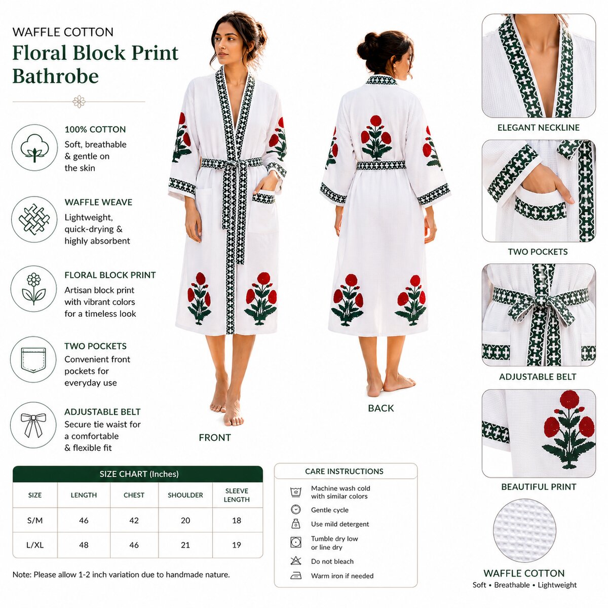 Jaipuri Handblock cotton Bathrobe | 100% Cotton Waffle  | 2 Pockets I Red Bouquet Big