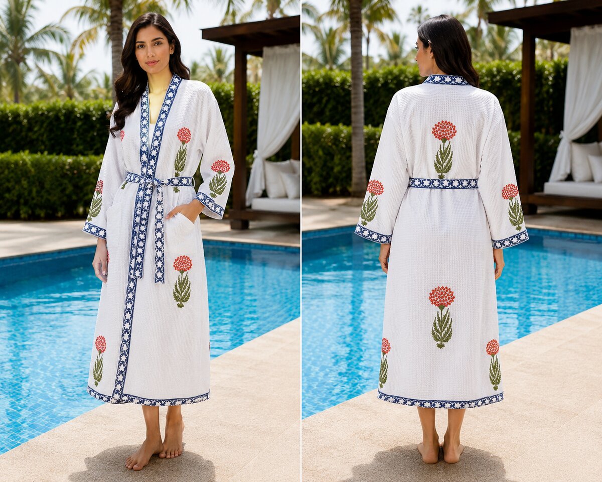 Jaipuri Handblock cotton Bathrobe | 100% Cotton Waffle  | 2 Pockets I Red floral Blue Border