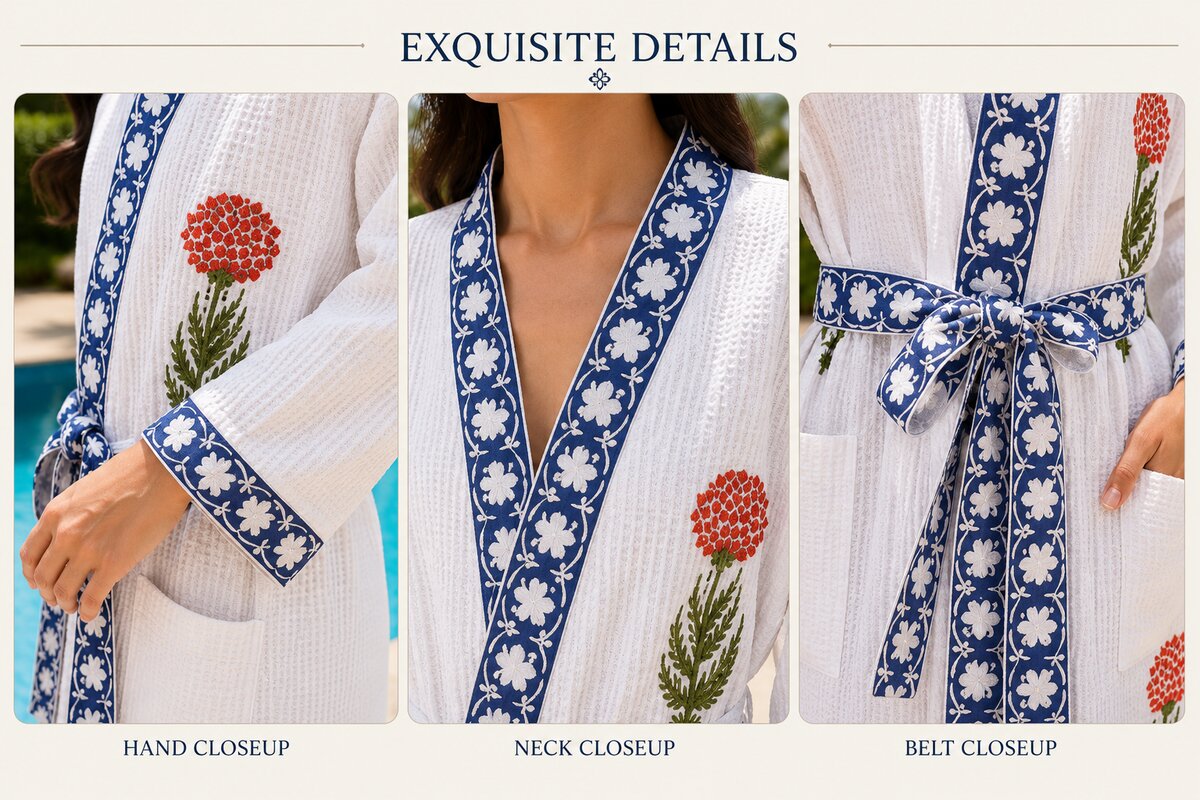 Jaipuri Handblock cotton Bathrobe | 100% Cotton Waffle  | 2 Pockets I Red floral Blue Border