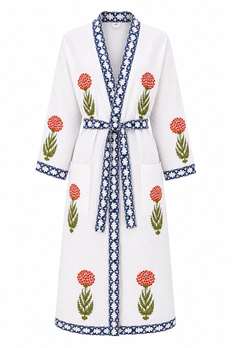 Jaipuri Handblock cotton Bathrobe | 100% Cotton Waffle  | 2 Pockets I Red floral Blue Border