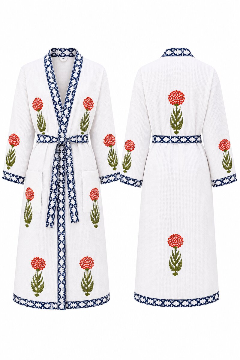 Jaipuri Handblock cotton Bathrobe | 100% Cotton Waffle  | 2 Pockets I Red floral Blue Border