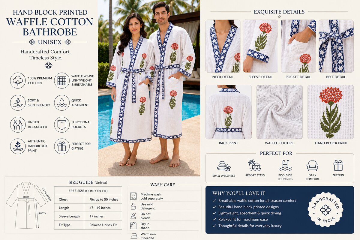 Jaipuri Handblock cotton Bathrobe | 100% Cotton Waffle  | 2 Pockets I Red floral Blue Border