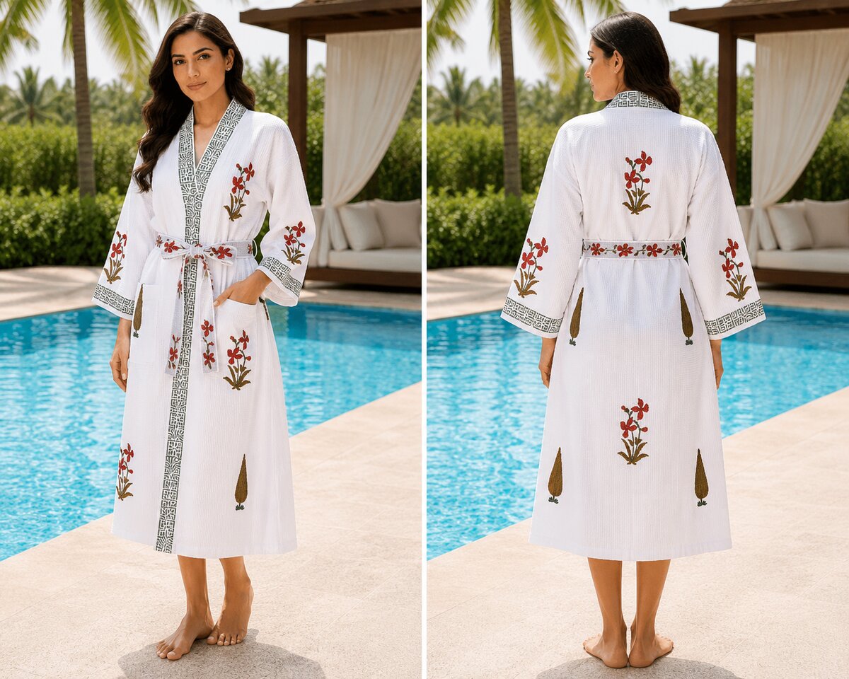 Jaipuri Handblock cotton Bathrobe | 100% Cotton Waffle  | 2 Pockets I Red floral leaf
