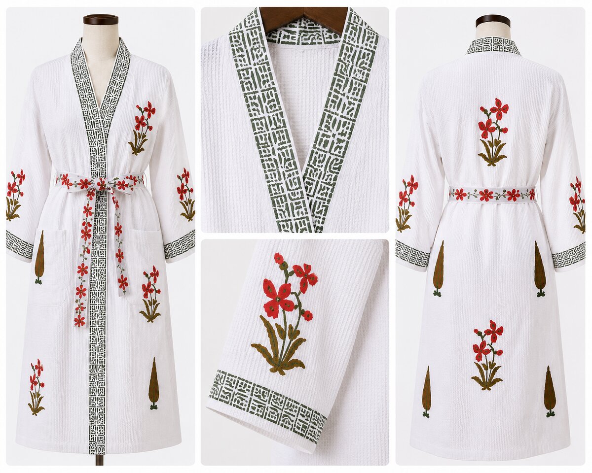 Jaipuri Handblock cotton Bathrobe | 100% Cotton Waffle  | 2 Pockets I Red floral leaf