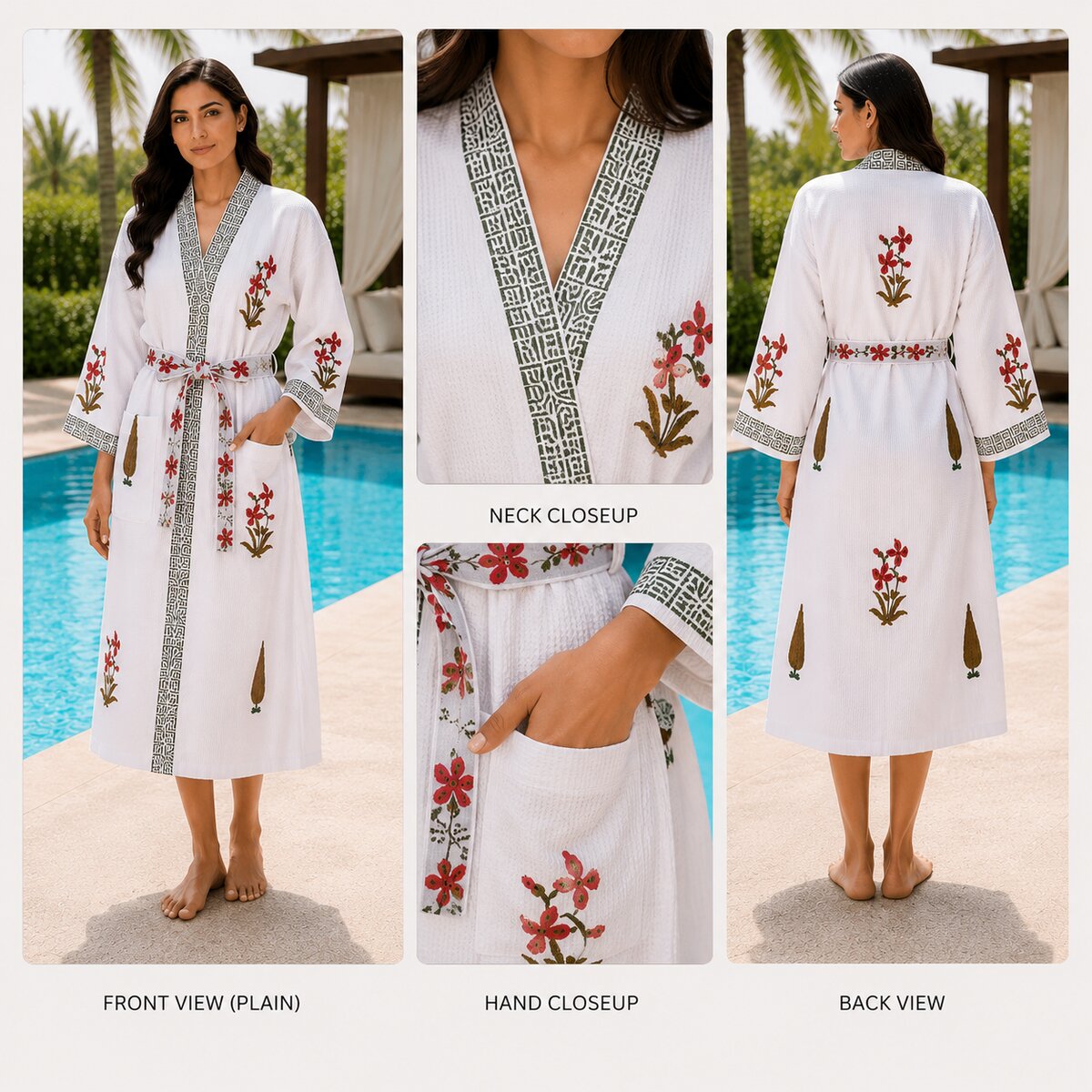 Jaipuri Handblock cotton Bathrobe | 100% Cotton Waffle  | 2 Pockets I Red floral leaf