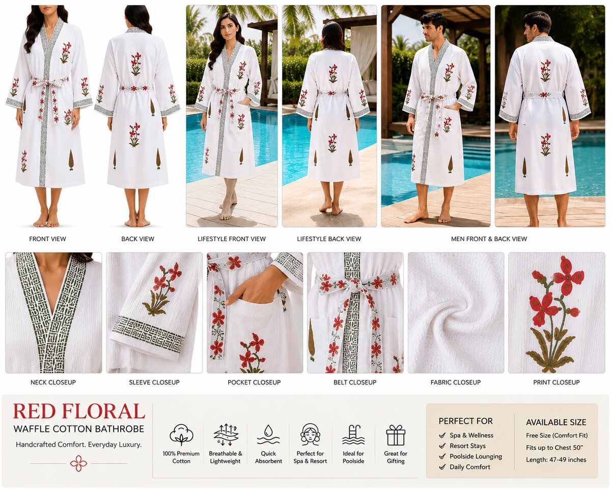 Jaipuri Handblock cotton Bathrobe | 100% Cotton Waffle  | 2 Pockets I Red floral leaf