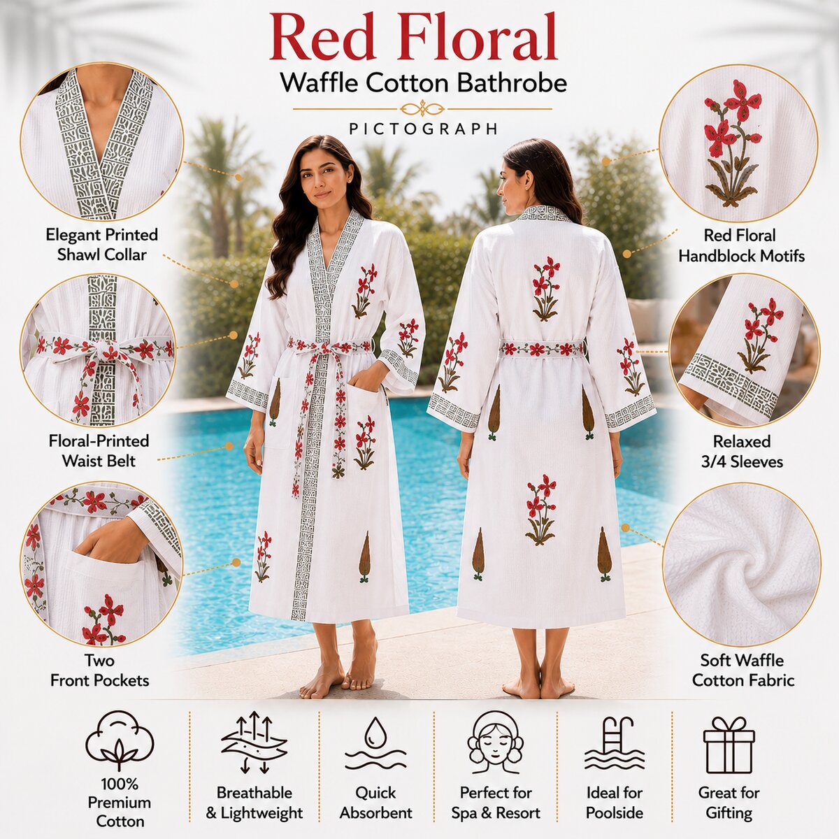 Jaipuri Handblock cotton Bathrobe | 100% Cotton Waffle  | 2 Pockets I Red floral leaf