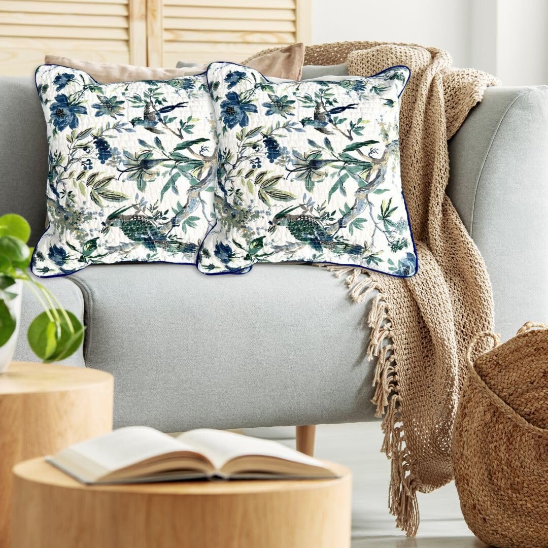 Jaipur Weaves Cushion Cover 16 inch x 16 inch – Set of 3, Pure Cotton, Hand Block Printed, Decorative Soft Floral Cushions for Sofa/Bed/Chair, Gift for Home Decor (Green Blossom Stripe,3)