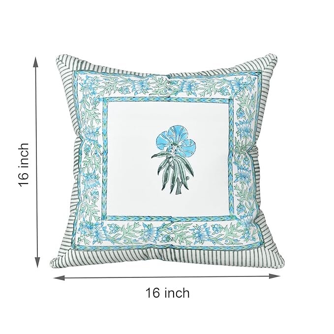 Jaipur Weaves Cushion Cover 16 inch x 16 inch – Set of 3, Pure Cotton, Hand Block Printed, Decorative Soft Floral Cushions for Sofa/Bed/Chair, Gift for Home Decor (Green Blossom Stripe,3)