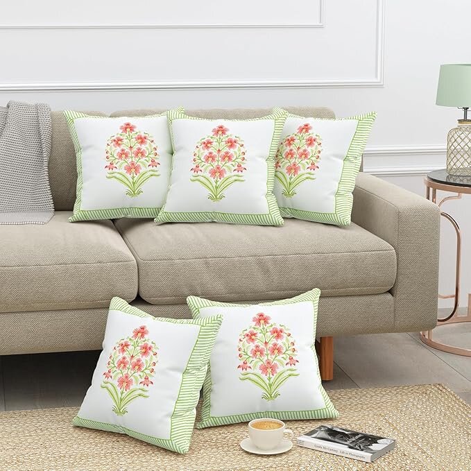 Jaipur Weaves Cushion Cover 16 inch x 16 inch – Set of 3, Pure Cotton, Hand Block Printed, Decorative Soft Floral Cushions for Sofa/Bed/Chair, Gift for Home Decor (Green Blossom Stripe,3)