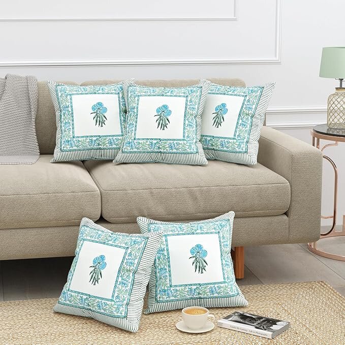 Jaipur Weaves Cushion Cover 16 inch x 16 inch – Set of 4, Pure Cotton, Hand Block Printed, Decorative Soft Floral Cushions for Sofa/Bed/Chair, Gift for Home Decor(Floral Blue.4)