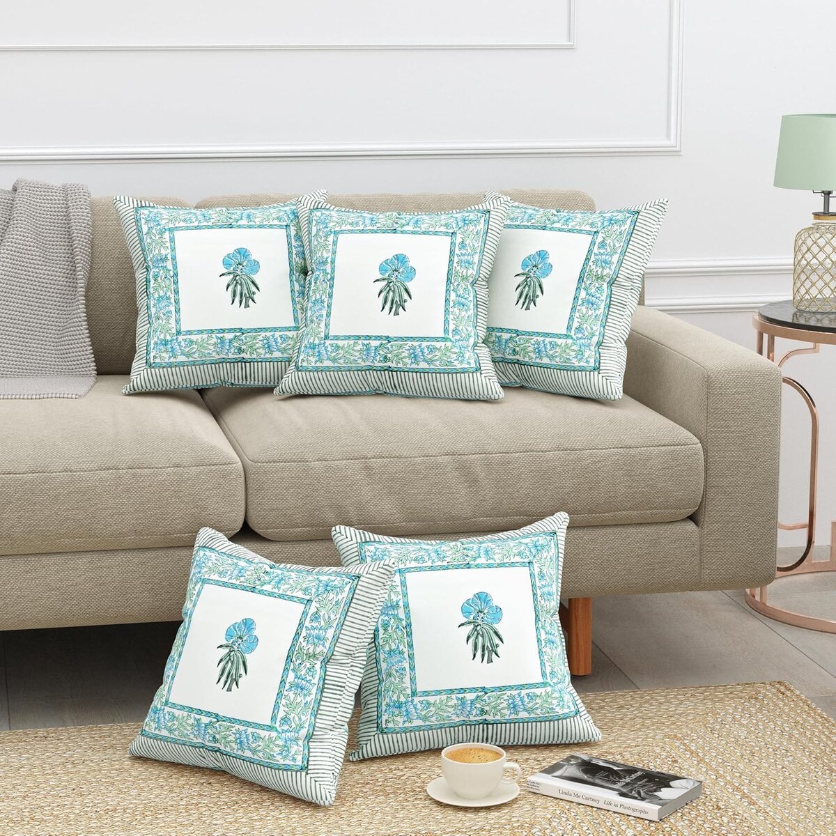 Jaipur Weaves Cushion Cover 16 inch x 16 inch – Set of 2, Pure Cotton, Hand Block Printed, Decorative Soft Floral Cushions for Sofa/Bed/Chair, Gift for Home Decor (Floral Blue,2)