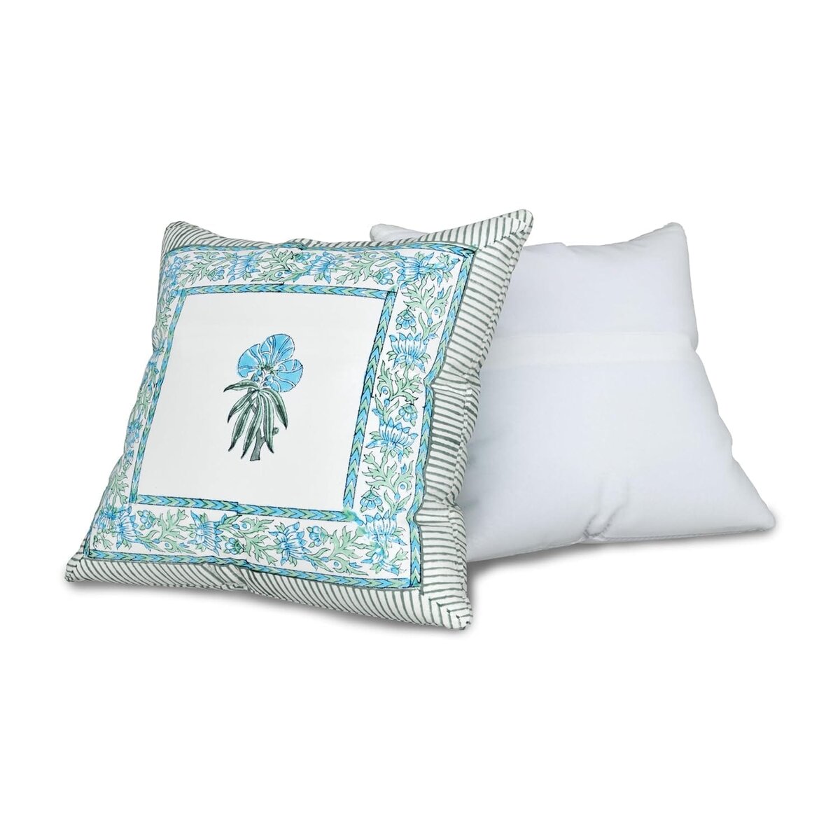 Jaipur Weaves Cushion Cover 16 inch x 16 inch – Set of 2, Pure Cotton, Hand Block Printed, Decorative Soft Floral Cushions for Sofa/Bed/Chair, Gift for Home Decor (Green Blossom Stripe,2)