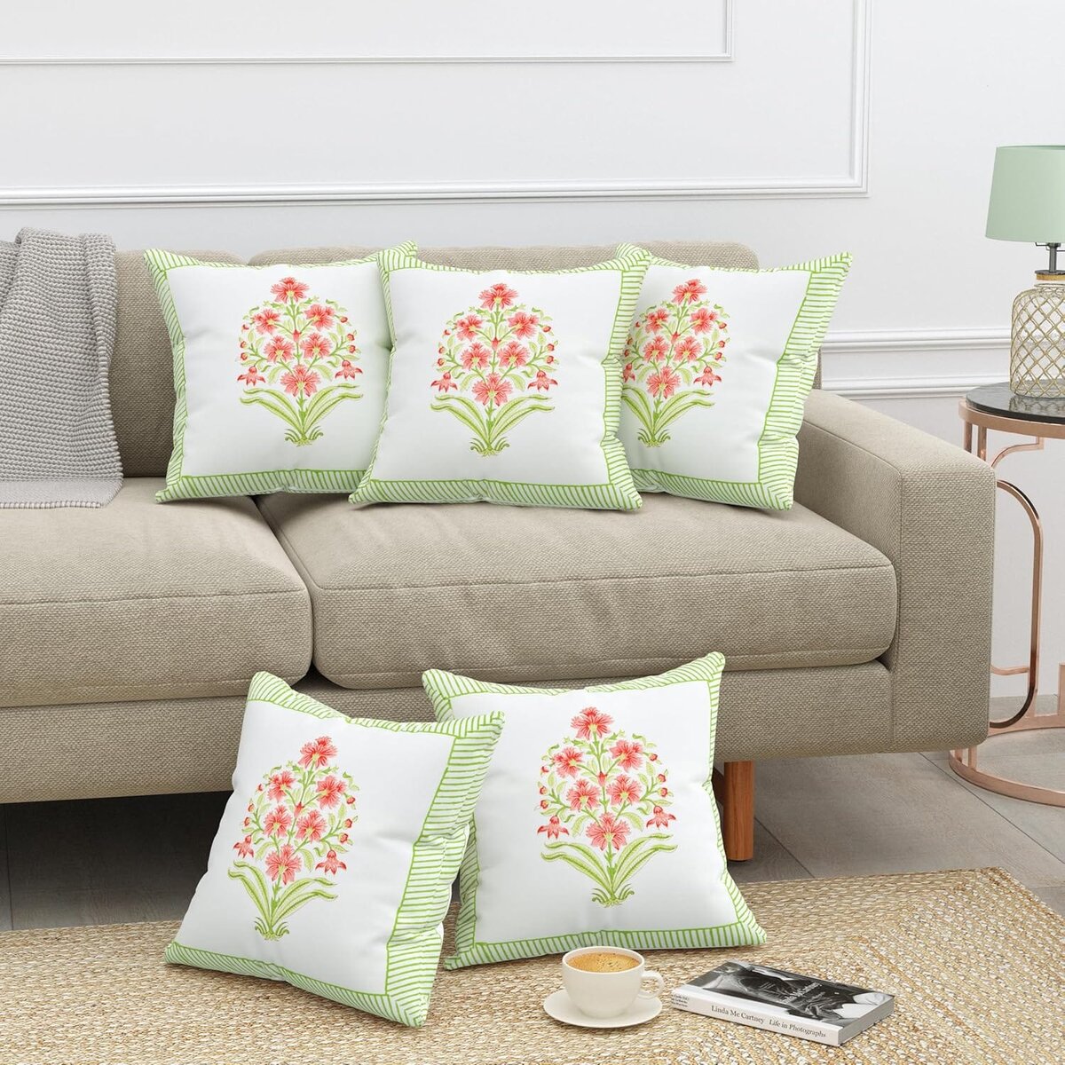 Jaipur Weaves Cushion Cover 16 inch x 16 inch – Set of 2, Pure Cotton, Hand Block Printed, Decorative Soft Floral Cushions for Sofa/Bed/Chair, Gift for Home Decor (Green Blossom Stripe,2)