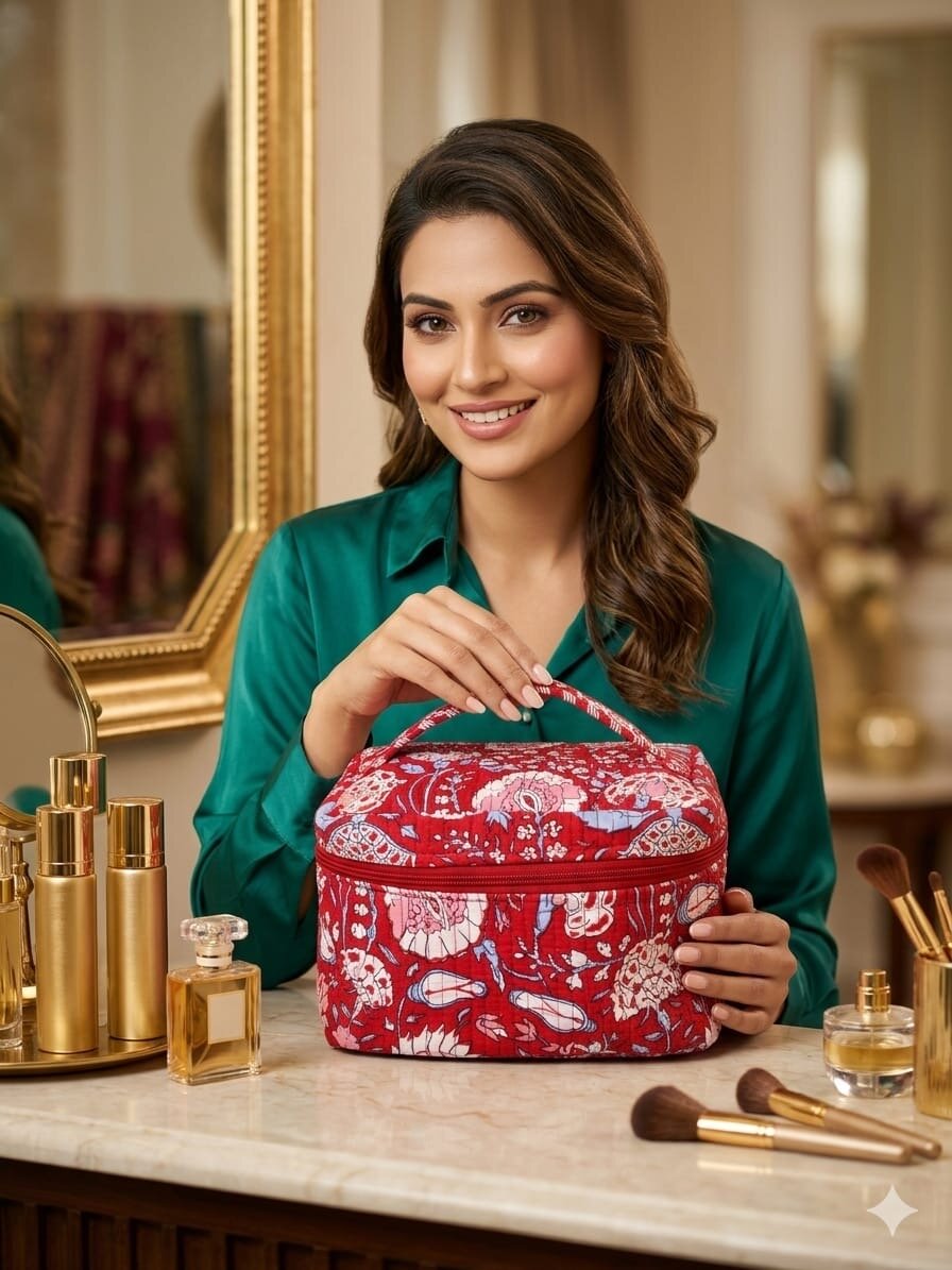 Handcrafted Quilted Makeup Organizer Bag | Cosmetic & Travel Vanity Case - 9x6.5x6.2 inches